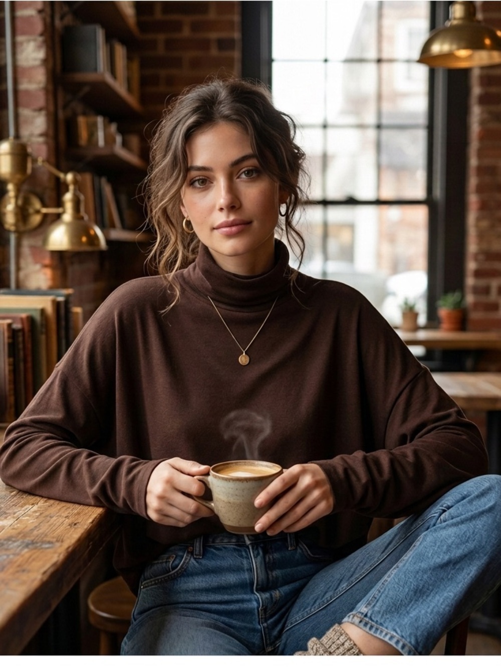 Misslook Brown Batwing Sleeve Turtleneck Top Size M Cozy Oversized Tunic